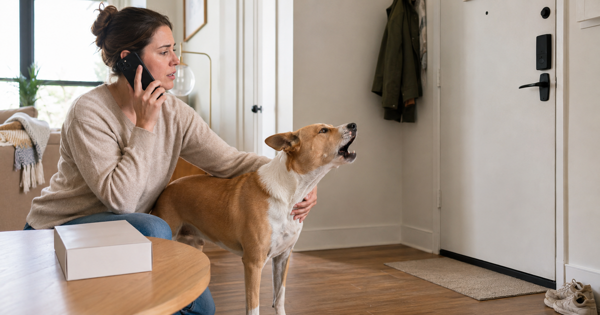 Apartment dog owner calls a veterinarian while a barking dog stands near the front door