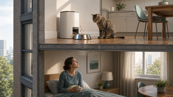 An automatic feeder drops kibble into a metal bowl upstairs while a neighbor below hears the impact through the ceiling